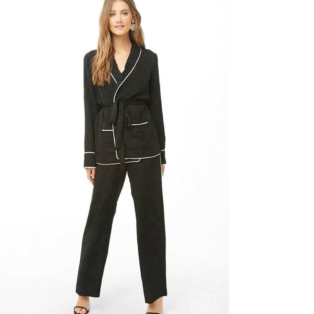 FOREVER 21 Women's Black Trim Satin Jacquard Leaf Print Blazer Jacket Pants Set